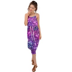 Purple Violet Glitter Galaxy Nebula Space Pattern Waist Tie Cover Up Chiffon Dress