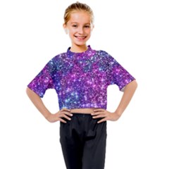 Purple Violet Glitter Galaxy Nebula Space Pattern Kids Mock Neck T-Shirt