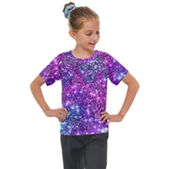 Purple Violet Glitter Galaxy Nebula Space Pattern Kids  Mesh Piece T-Shirt