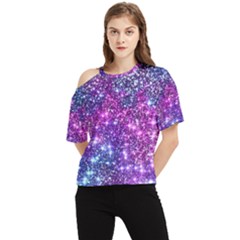 Purple Violet Glitter Galaxy Nebula Space Pattern One Shoulder Cut Out T-shirt by Perong