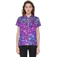 Purple Violet Glitter Galaxy Nebula Space Pattern Short Sleeve Pocket Shirt