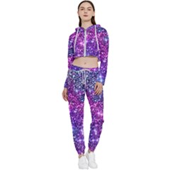 Purple Violet Glitter Galaxy Nebula Space Pattern Cropped Zip Up Lounge Set