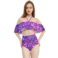 Purple Violet Glitter Galaxy Nebula Space Pattern Halter Flowy Bikini Set 