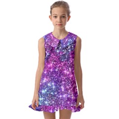 Purple Violet Glitter Galaxy Nebula Space Pattern Kids  Pilgrim Collar Ruffle Hem Dress