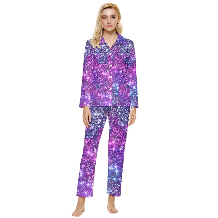 Purple Violet Glitter Galaxy Nebula Space Pattern Womens  Long Sleeve Velvet Pocket Pajamas Set