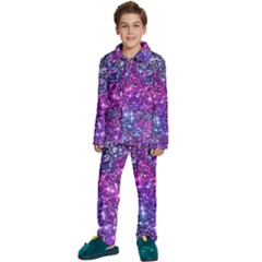 Purple Violet Glitter Galaxy Nebula Space Pattern Kids  Long Sleeve Velvet Pajamas Set