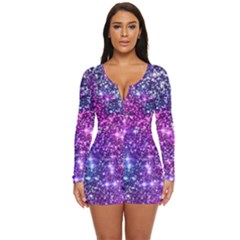 Purple Violet Glitter Galaxy Nebula Space Pattern Long Sleeve Boyleg Swimsuit by Perong