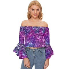 Purple Violet Glitter Galaxy Nebula Space Pattern Off Shoulder Flutter Bell Sleeve Top