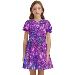 Purple Violet Glitter Galaxy Nebula Space Pattern Kids  Bow Tie Puff Sleeve Dress