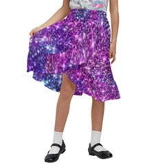 Purple Violet Glitter Galaxy Nebula Space Pattern Kids  Ruffle Flared Wrap Midi Skirt by Perong