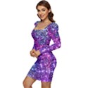 Purple Violet Glitter Galaxy Nebula Space Pattern Women Long Sleeve Ruched Stretch Jersey Dress View3