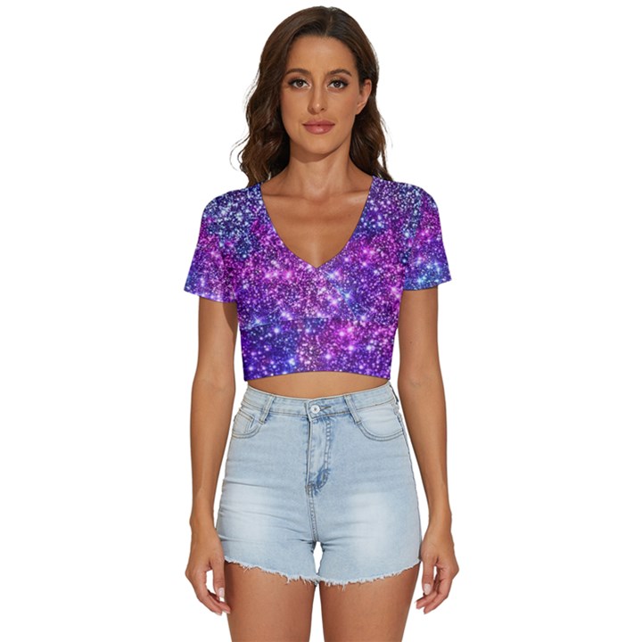 Purple Violet Glitter Galaxy Nebula Space Pattern V-Neck Crop Top