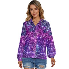 Purple Violet Glitter Galaxy Nebula Space Pattern Women s Long Sleeve Button Up Shirt