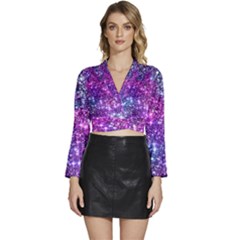 Purple Violet Glitter Galaxy Nebula Space Pattern Long Sleeve Tie Back Satin Wrap Top