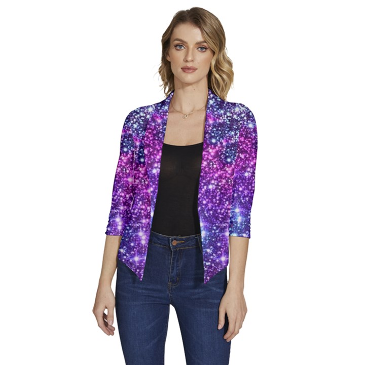 Purple Violet Glitter Galaxy Nebula Space Pattern Women s Draped Front 3/4 Sleeve Shawl Collar Jacket