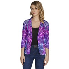 Purple Violet Glitter Galaxy Nebula Space Pattern Women s One-Button 3/4 Sleeve Short Jacket