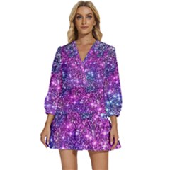 Purple Violet Glitter Galaxy Nebula Space Pattern V-Neck Placket Mini Dress