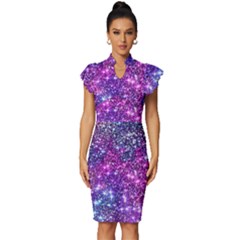 Purple Violet Glitter Galaxy Nebula Space Pattern Vintage Frill Sleeve V-Neck Bodycon Dress