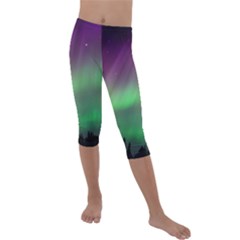 Northern Lights Green Aurora Borealis Kids  Lightweight Velour Capri Leggings  by Perong