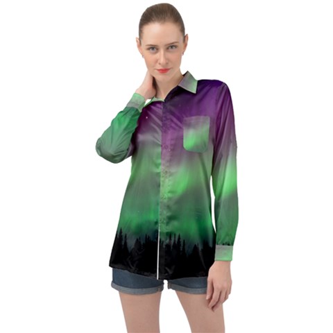 Northern Lights Green Aurora Borealis Long Sleeve Satin Shirt by Perong