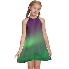 Northern Lights Green Aurora Borealis Kids  Halter Collar Waist Tie Chiffon Dress by Perong