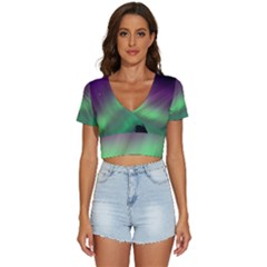 Northern Lights Green Aurora Borealis V-neck Crop Top by Perong