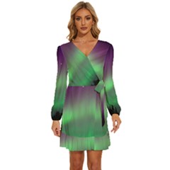 Northern Lights Green Aurora Borealis Long Sleeve Waist Tie Ruffle Velvet Dress by Perong