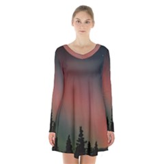 Aurora Borealis Alaska Sky Long Sleeve Velvet V-neck Dress