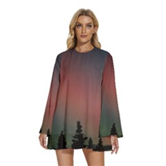 Aurora Borealis Alaska Sky Round Neck Long Sleeve Bohemian Style Chiffon Mini Dress by Perong