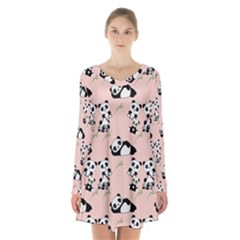 Cute Panda Animal Pattern Long Sleeve Velvet V-neck Dress