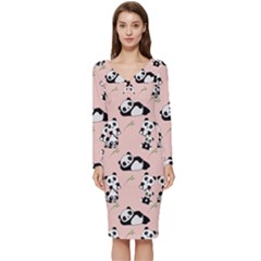 Cute Panda Animal Pattern Long Sleeve V-neck Bodycon Dress  by Perong