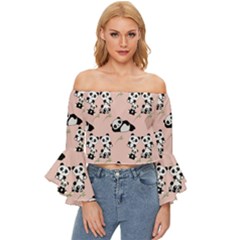 Cute Panda Animal Pattern Off Shoulder Flutter Bell Sleeve Top