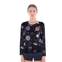 Glittering Planets Space Galaxy Glitter Black Women s Long Sleeve T-shirt