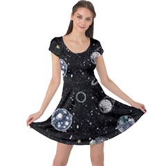 Glittering Planets Space Galaxy Glitter Black Cap Sleeve Dress by Perong