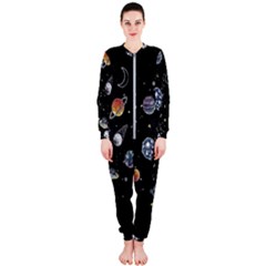 Glittering Planets Space Galaxy Glitter Black Onepiece Jumpsuit (ladies) by Perong