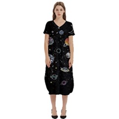 Glittering Planets Space Galaxy Glitter Black T-shirt Midi Dress With Pockets by Perong