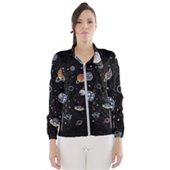 Glittering Planets Space Galaxy Glitter Black Women s Windbreaker