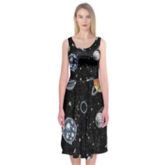 Glittering Planets Space Galaxy Glitter Black Midi Sleeveless Dress by Perong