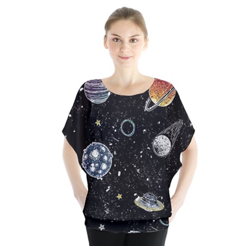 Glittering Planets Space Galaxy Glitter Black Batwing Chiffon Blouse by Perong