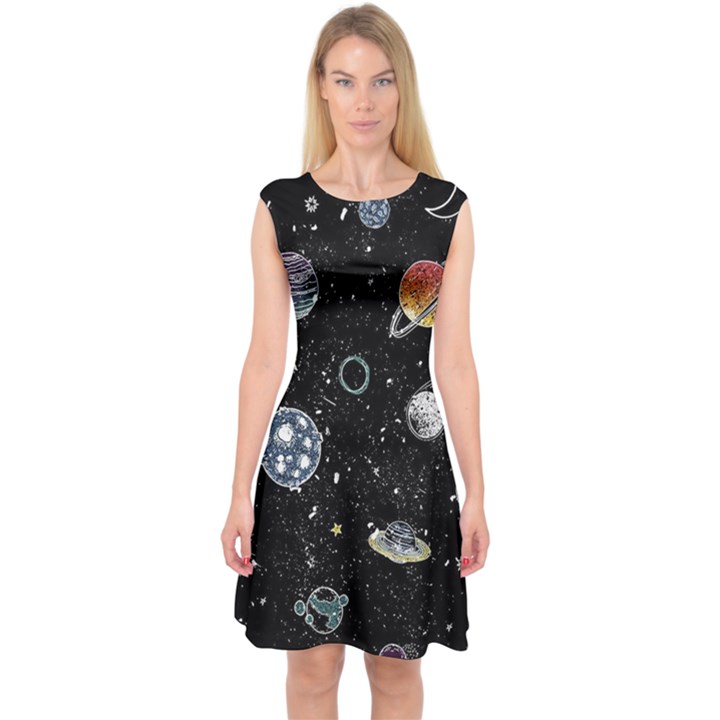 Glittering Planets Space Galaxy Glitter Black Capsleeve Midi Dress