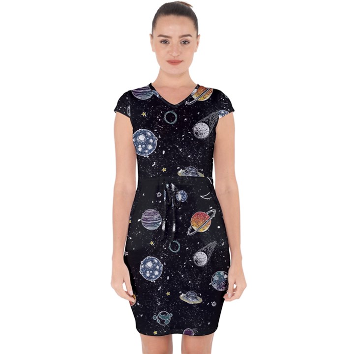 Glittering Planets Space Galaxy Glitter Black Capsleeve Drawstring Dress 