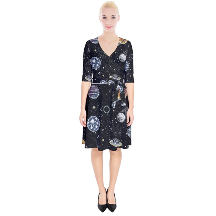 Glittering Planets Space Galaxy Glitter Black Wrap Up Cocktail Dress