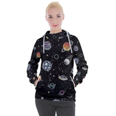 Glittering Planets Space Galaxy Glitter Black Women s Hooded Pullover