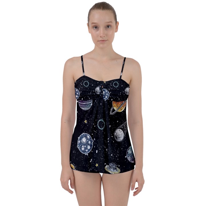 Glittering Planets Space Galaxy Glitter Black Babydoll Tankini Set