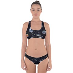 Glittering Planets Space Galaxy Glitter Black Cross Back Hipster Bikini Set by Perong