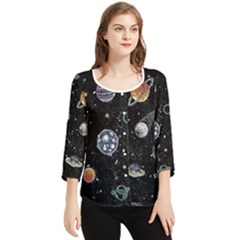 Glittering Planets Space Galaxy Glitter Black Chiffon Quarter Sleeve Blouse by Perong