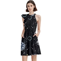 Glittering Planets Space Galaxy Glitter Black Cocktail Party Halter Sleeveless Dress With Pockets by Perong