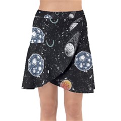 Glittering Planets Space Galaxy Glitter Black Wrap Front Skirt by Perong