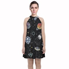 Glittering Planets Space Galaxy Glitter Black Velvet Halter Neckline Dress 