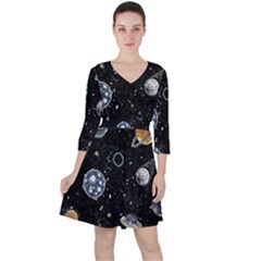 Glittering Planets Space Galaxy Glitter Black Quarter Sleeve Ruffle Waist Dress by Perong